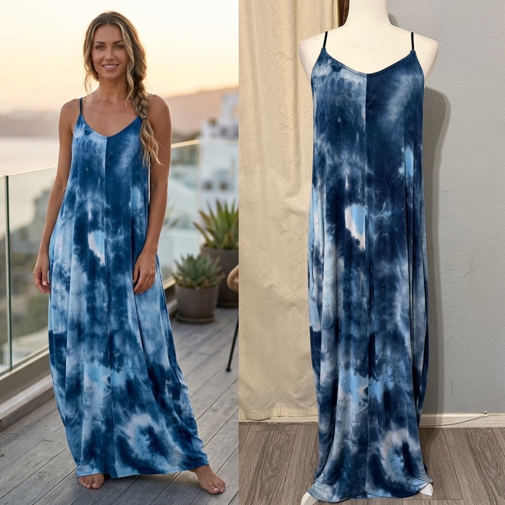 La Miel Blue Tie Dye Maxi Dress L Sleeveless Pockets V-Neck Bohemian Loungewear